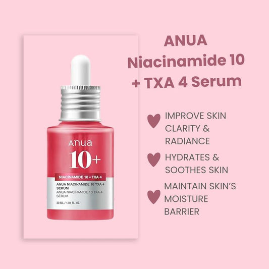 Anua Niacinamide 10 + TXA 4 Serum bottle on a pink background with product benefits listed.