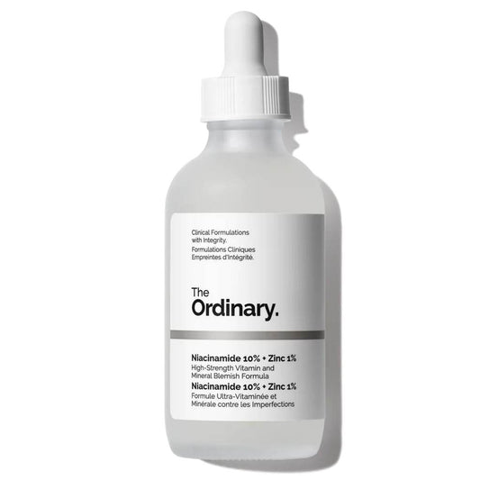 Skincare dropper bottle labeled 'The Ordinary' on a white background