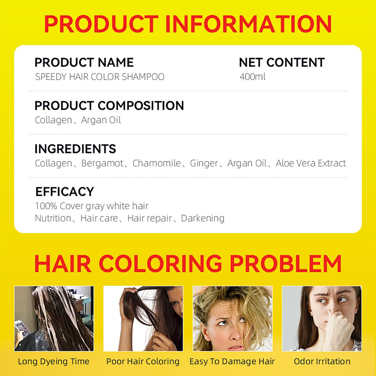 Speedy Hair Color Shampoo 100% Cover Gray White Hair Easy To Use Long Lasting 400ml/13.53fl.oz (Gold)