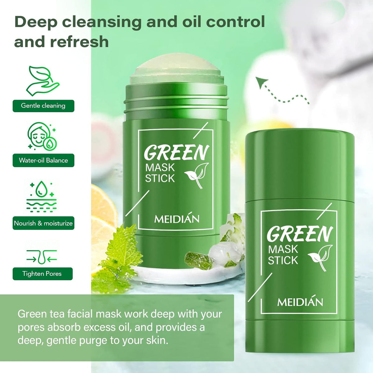 Green Tea Mask Stick for All Skin, Blackhead Remover, Poreless Deep Cleansing Stick, Oil Control Face Mask, Extract Skin Types of Men and Women 1.41 Ounce