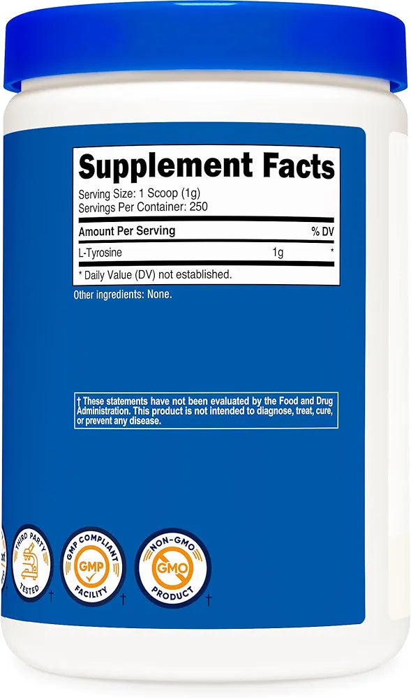 Supplement container with blue lid and Supplement Facts label on a white background