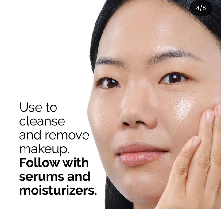 Woman applying skincare product with text on how to use it