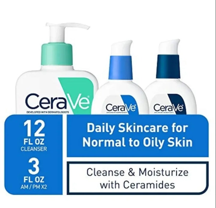 Three CeraVe skincare bottles with labels on a white background