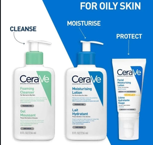 CeraVe skincare products for oily skin with 'Cleanse', 'Moisturise', and 'Protect' steps on a blue and white background.