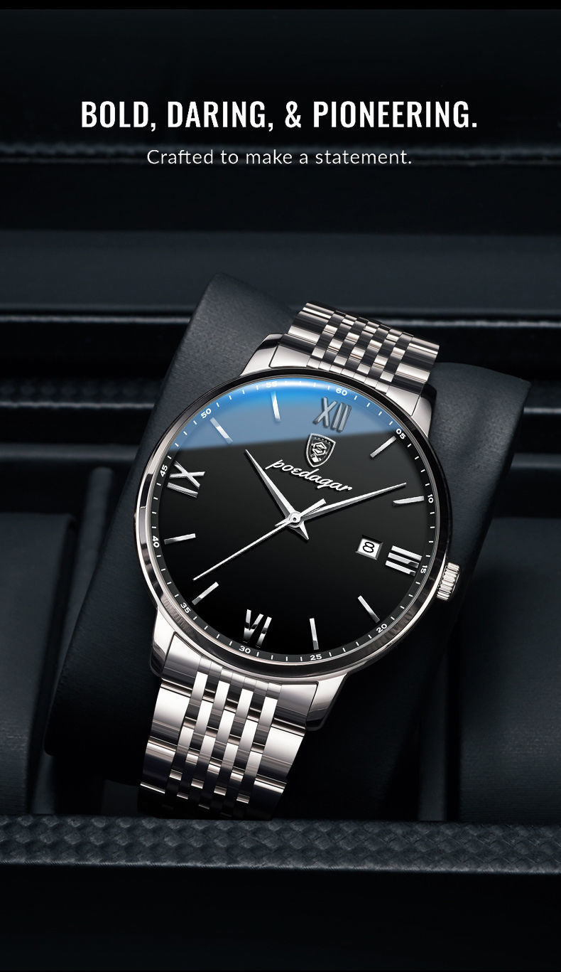 A silver and black quartz watch with a metal band and a luminous hands, displayed on a tan surface.

