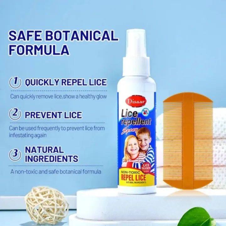 Lice repellent spray bottle with packaging and text on a light blue background

