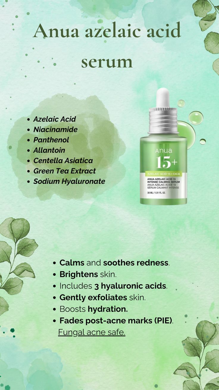 Anua azelaic acid serum with ingredients and benefits on a green background

