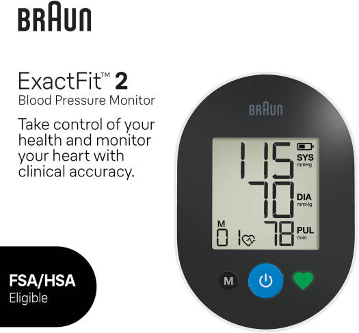Braun ExactFit 2 blood pressure monitor on a white background

