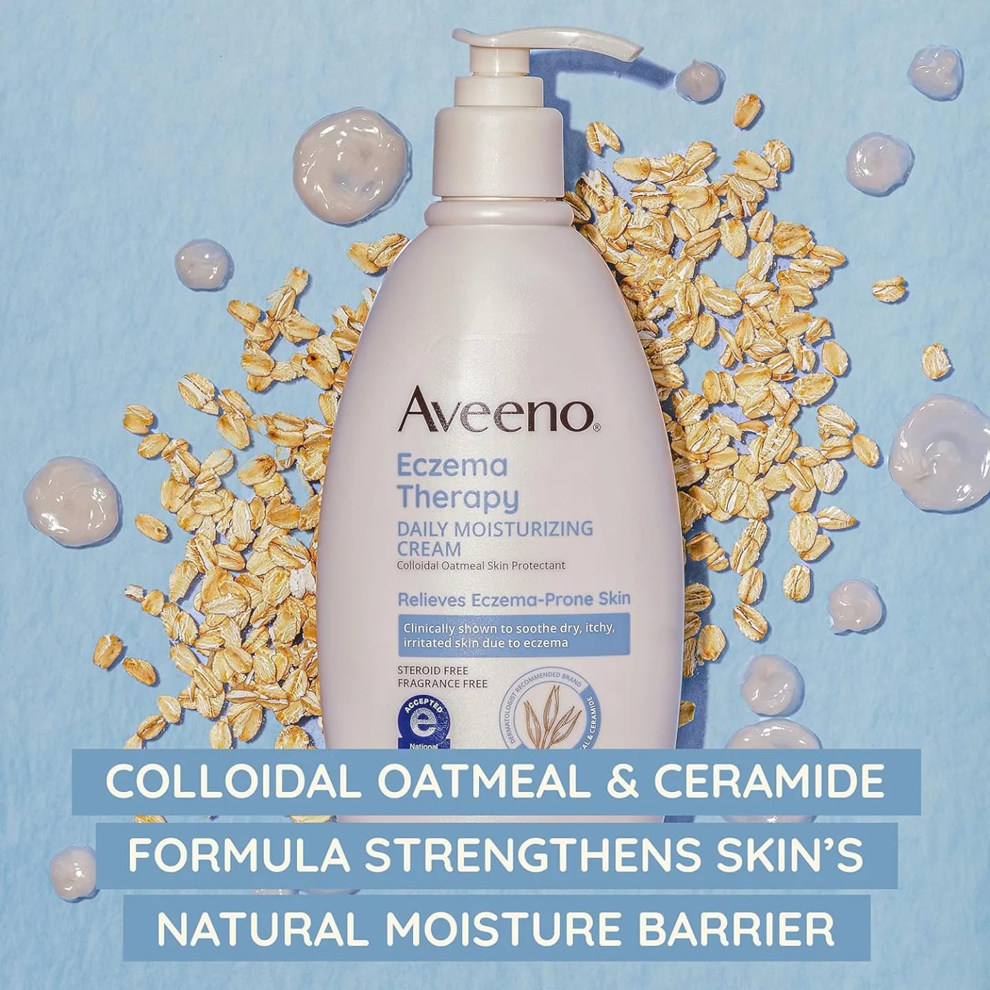 Aveeno Eczema Therapy Daily Moisturizing Cream bottle with a pump, surrounded by colloidal oatmeal, on a blue background with bubbles.

