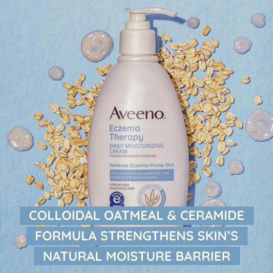 Aveeno Eczema Therapy Daily Moisturizing Cream bottle with a pump, surrounded by colloidal oatmeal, on a blue background with bubbles.

