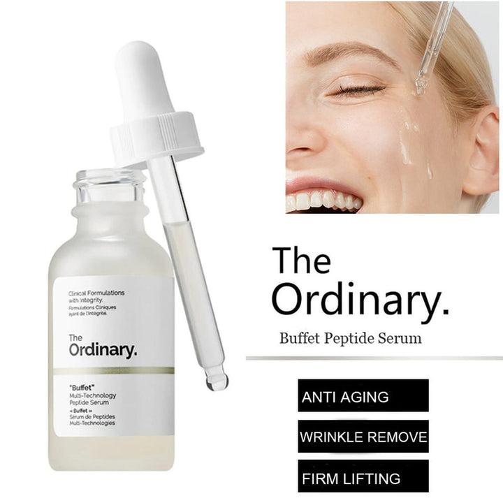 The Ordinary Buffet Peptide Serum with dropper on a white background

