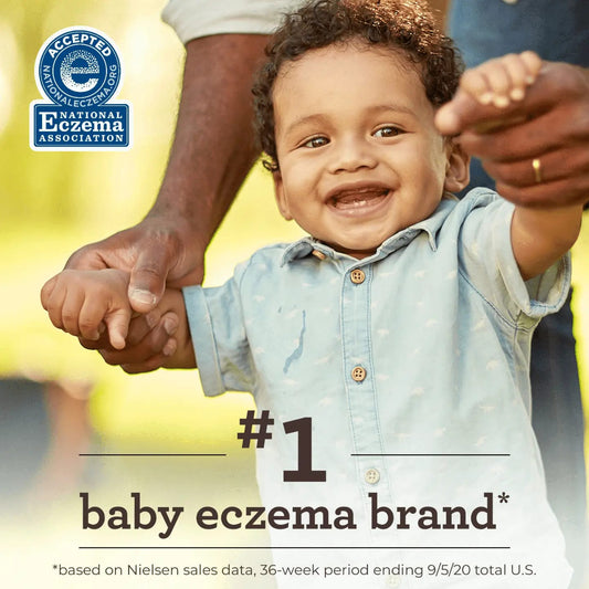 An advertisement image showing a baby with eczema being held by an adult, with the text '#1 Baby Eczema Brand' and product details.

