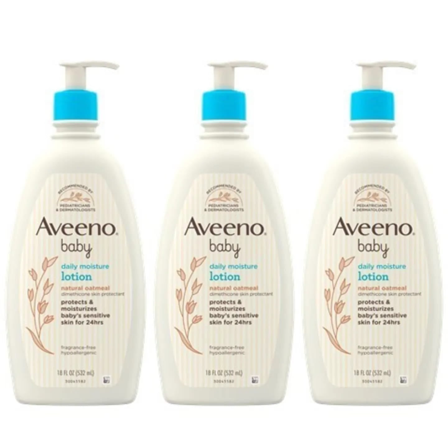 Aveeno Baby Daily Moisture Moisturizing Lotion in a white pump bottle with natural colloidal oatmeal and dimethicone, labeled as hypoallergenic, fragrance-free, and pediatrician recommended.

