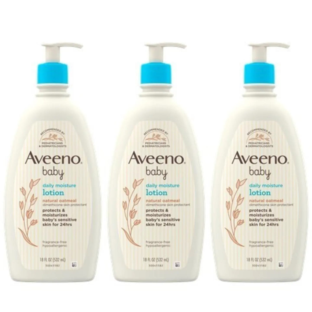 Aveeno Baby Daily Moisture Moisturizing Lotion in a white pump bottle with natural colloidal oatmeal and dimethicone, labeled as hypoallergenic, fragrance-free, and pediatrician recommended.

