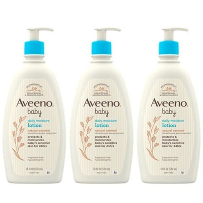 Aveeno Baby Daily Moisture Moisturizing Lotion in a white pump bottle with natural colloidal oatmeal and dimethicone, labeled as hypoallergenic, fragrance-free, and pediatrician recommended.


