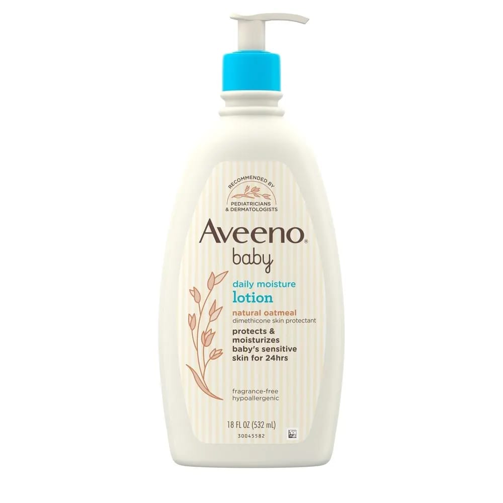 Aveeno Baby Daily Moisture Moisturizing Lotion in a white pump bottle with natural colloidal oatmeal and dimethicone, labeled as hypoallergenic, fragrance-free, and pediatrician recommended.

