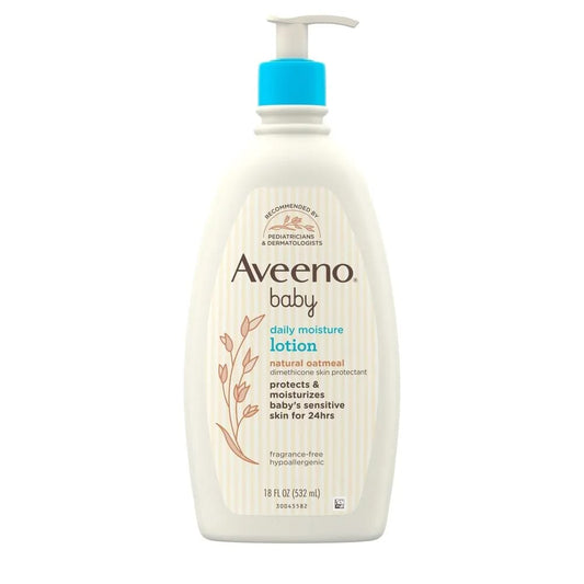 Aveeno Baby Daily Moisture Moisturizing Lotion in a white pump bottle with natural colloidal oatmeal and dimethicone, labeled as hypoallergenic, fragrance-free, and pediatrician recommended.

