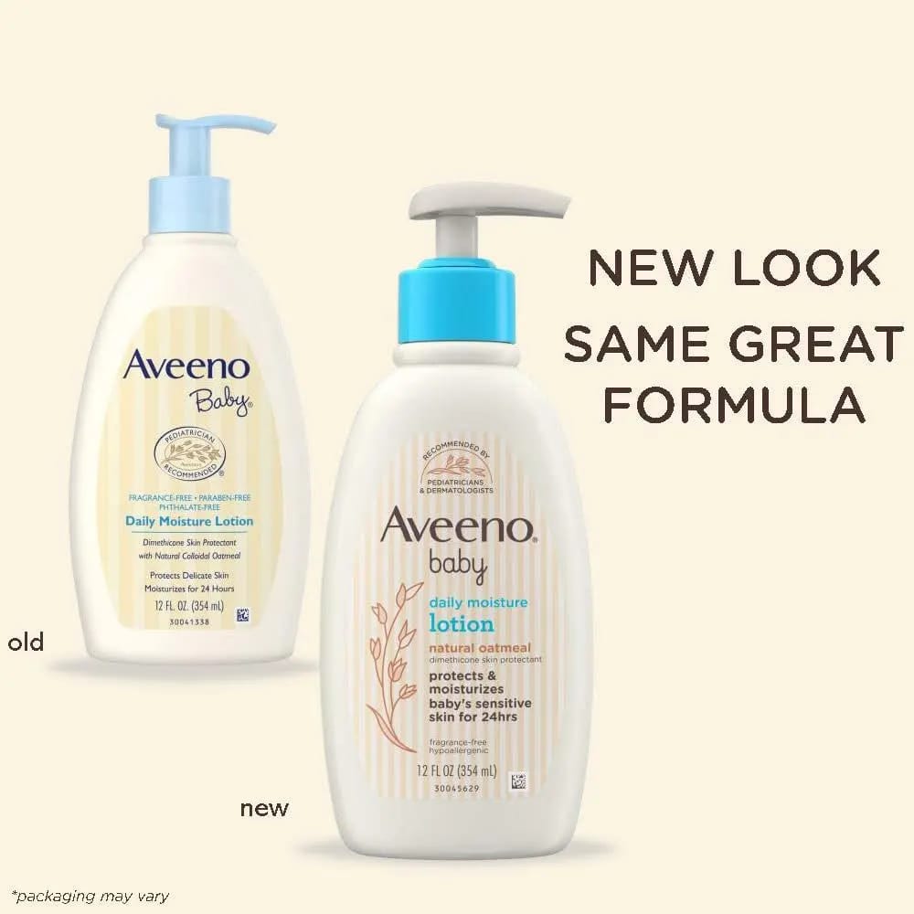Aveeno Baby Daily Moisture Moisturizing Lotion in a white pump bottle with natural colloidal oatmeal and dimethicone, labeled as hypoallergenic, fragrance-free, and pediatrician recommended.

