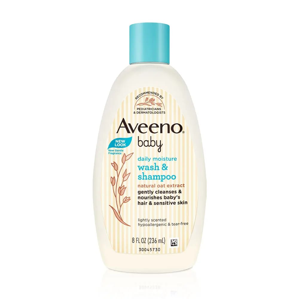 AVEENO BABY Sensitive Skin Bubble Bath in a pump bottle with a blue cap, labeled as hypoallergenic, tear-free, and enriched with oat extract.

