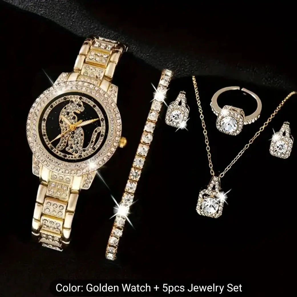 A 7-piece jewelry set with a cheetah print analog watch as the centerpiece, accompanied by a necklace, earrings, a bracelet, and rings, all adorned with rhinestones.

