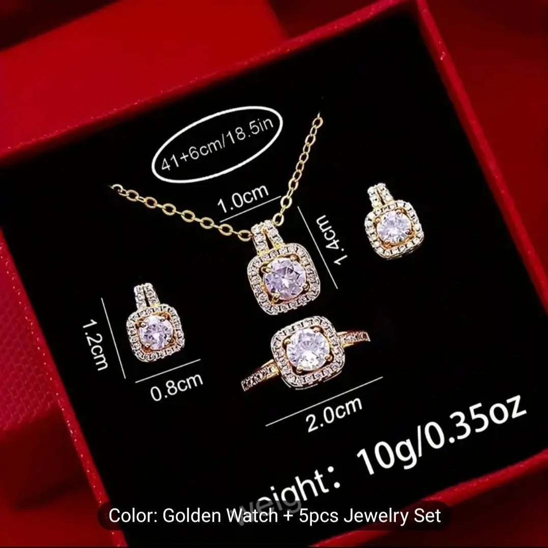 A 7-piece jewelry set with a cheetah print analog watch as the centerpiece, accompanied by a necklace, earrings, a bracelet, and rings, all adorned with rhinestones.

