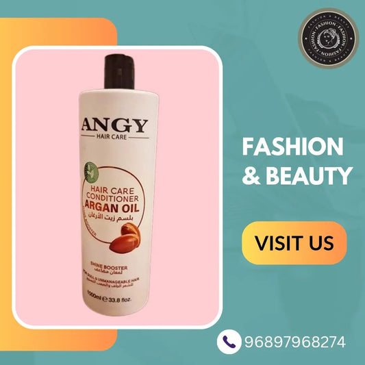 A 100 ml bottle of Angie Hair Care Shampoo with text indicating 'Fashion & Beauty' and a phone number for visiting their salon.

