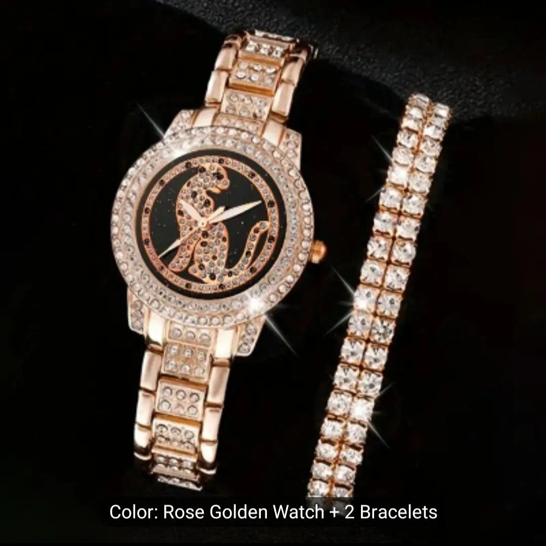 A 7-piece jewelry set with a cheetah print analog watch as the centerpiece, accompanied by a necklace, earrings, a bracelet, and rings, all adorned with rhinestones.

