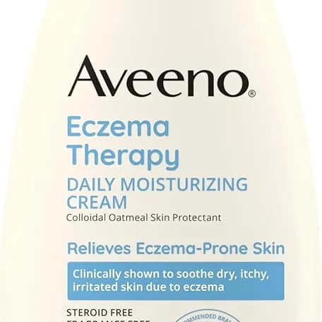 Aveeno Eczema Therapy Daily Moisturizing Cream bottle with a pump, surrounded by colloidal oatmeal, on a blue background with bubbles.

