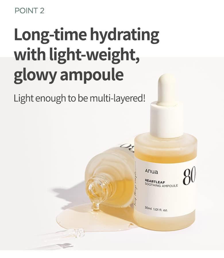 Anua Heartleaf Soothing Ampoule, with a clear liquid visible inside the glass container, placed on a white plate with a leaf on the top and the brand name 'Anua' mentioned.

