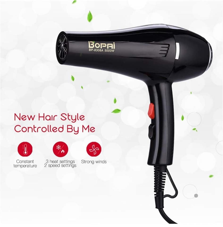 BOPAI Professional Hair Dryer 1500W with 2 Speeds and 3 Heat Settings, Black - FashionAndBeautys
