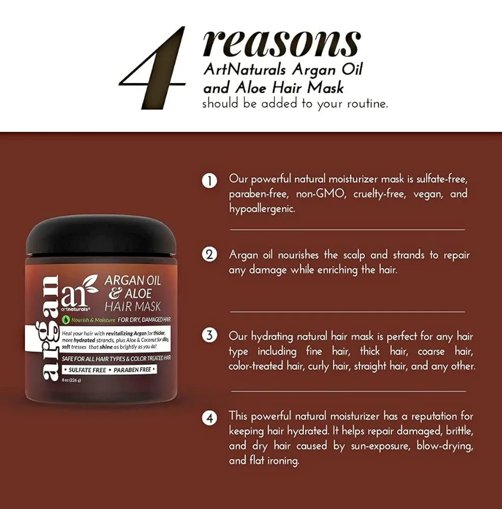 ArtNaturals Argan Oil and Aloe Hair Mask with reasons for using it on a brown background

