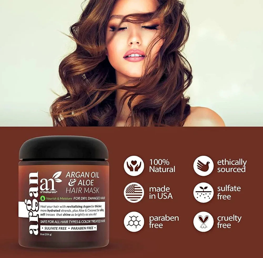 Woman with styled hair and Argan Oil & Aloe hair mask jar on a brown background

