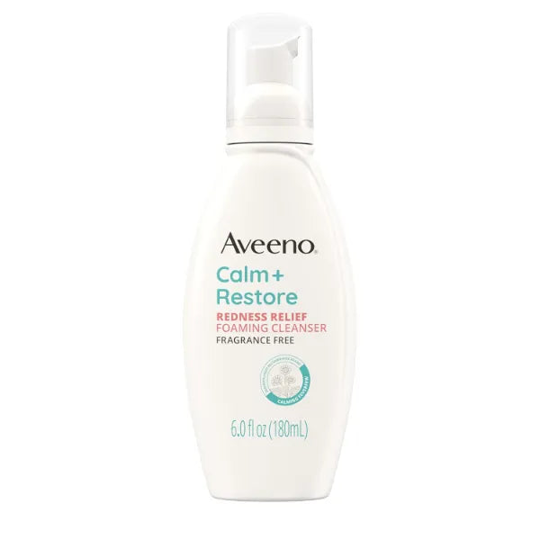 Aveeno Calm + Restore Redness Relief Foaming Cleanser bottle on a white background

