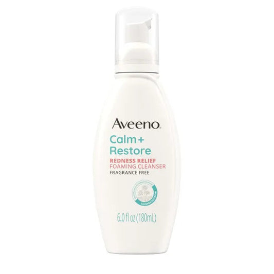 Aveeno Calm + Restore Redness Relief Foaming Cleanser bottle on a white background

