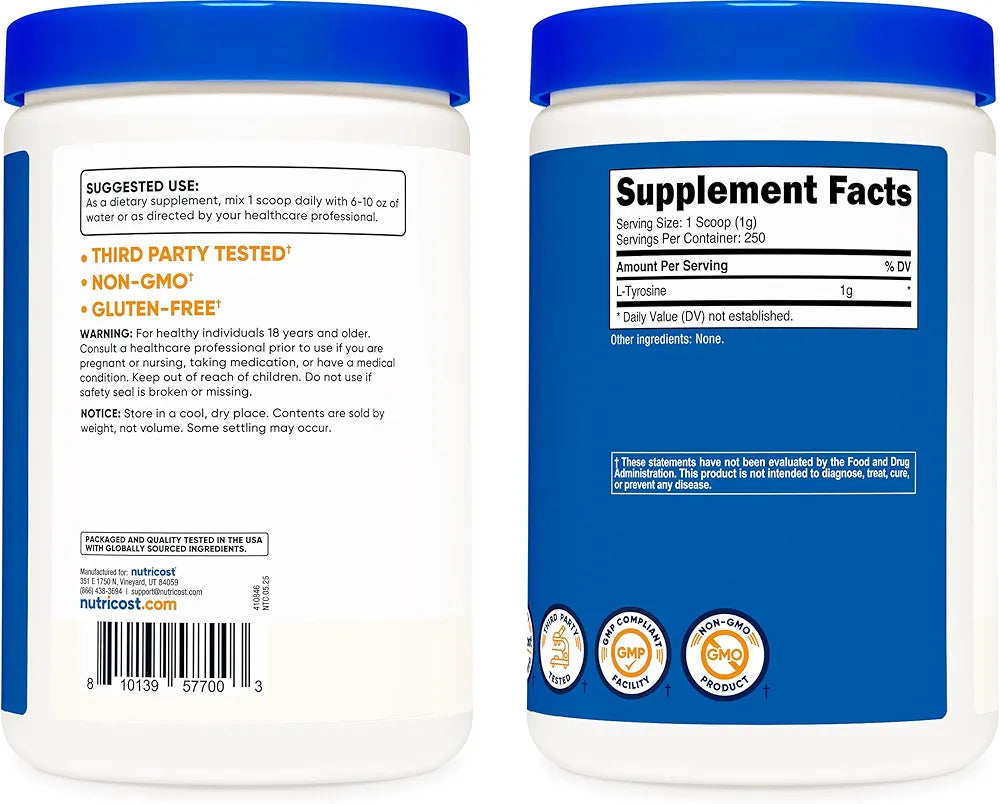 Two sides of a supplement container showing label details.

