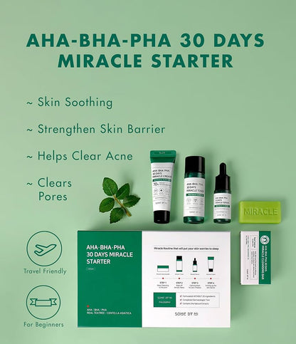 AHA-BHA-PHA 30 Days Miracle Starter kit with products and packaging on a green background

