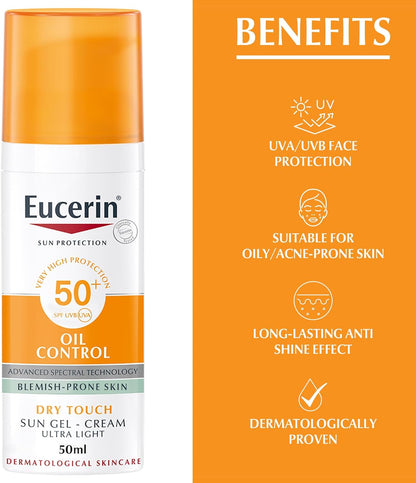Eucerin Face Sunscreen Oil Control Gel-Cream Dry Touch, High UVA/UVB Protection, SPF 50+, Light Texture Sun Protection, Suitable Under Make-Up, For Blemish-Prone Skin, 50ml