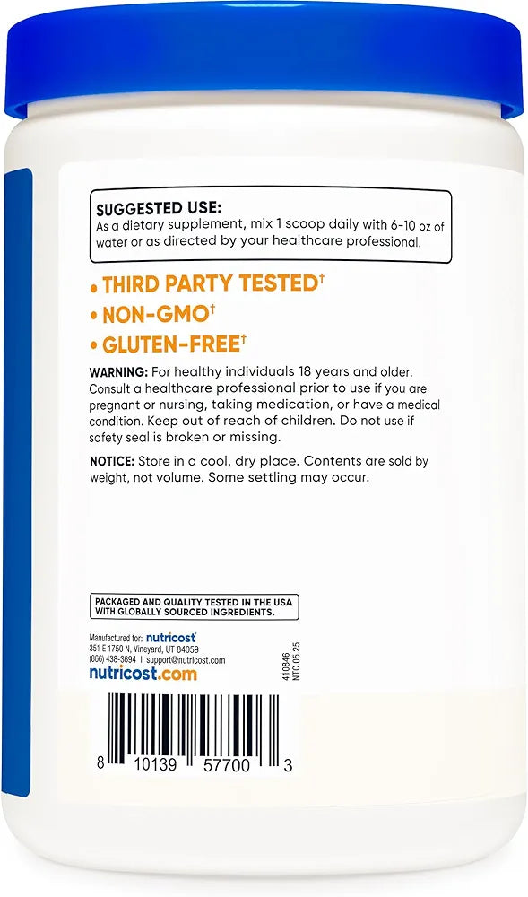 Back label of a supplement container with text and Nutricost logo.

