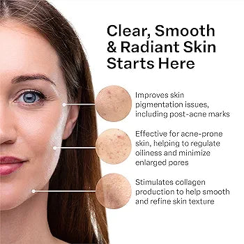 Woman applying skincare product with text highlighting benefits on a white background


