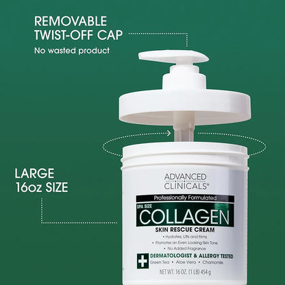 Collagen skin rescue cream with a pump and removable twist-off cap on a green background

