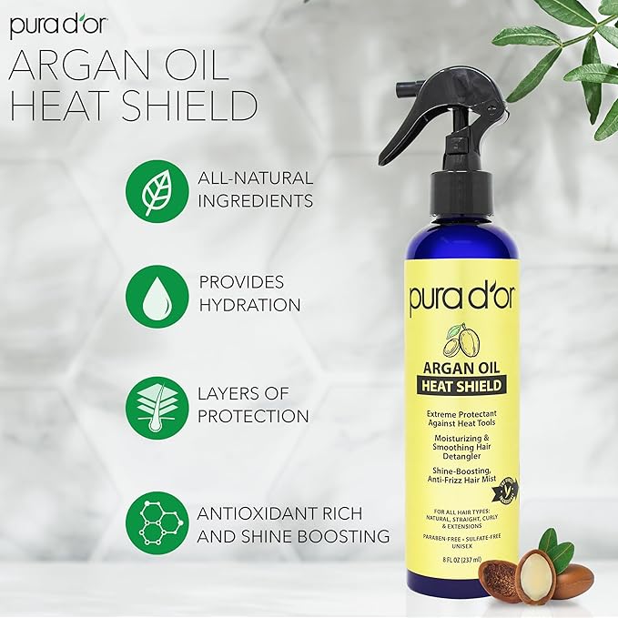 Pura d'or Argan Oil Heat Shield spray bottle with product features on a light gray background

