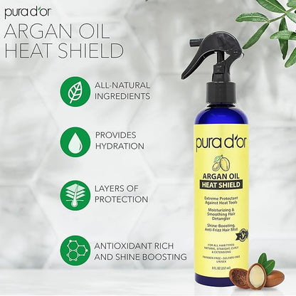 Pura d'or Argan Oil Heat Shield spray bottle with product features on a light gray background


