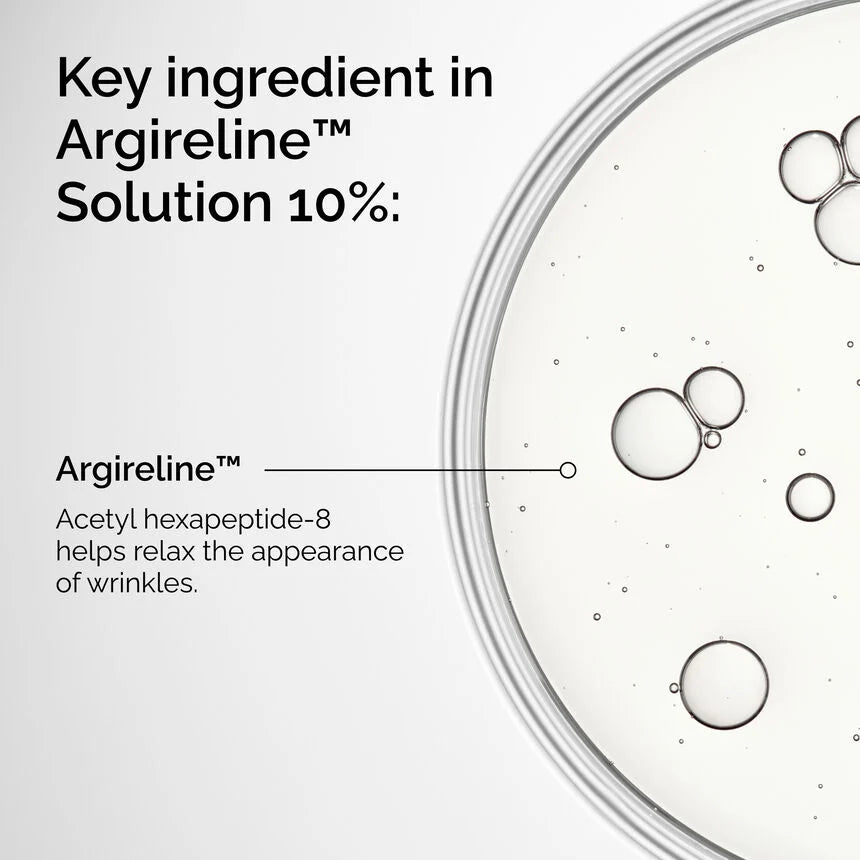 Advertisement for Argireline Solution 10% with text and close-up of solution.

