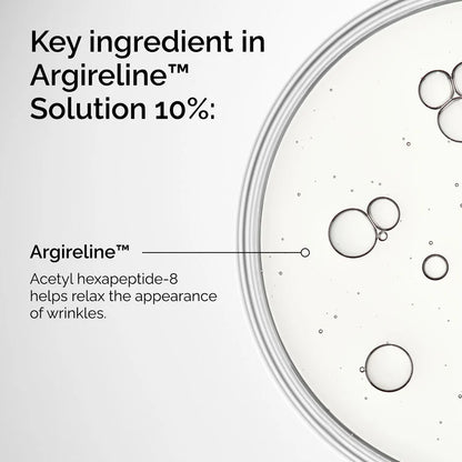 Advertisement for Argireline Solution 10% with text and close-up of solution.

