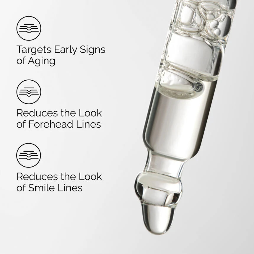 Skincare ampoule with text highlighting its benefits on a light gray background

