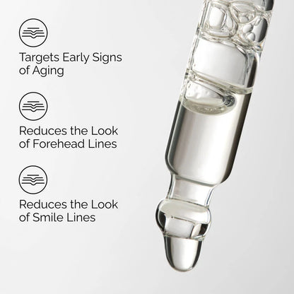 Skincare ampoule with text highlighting its benefits on a light gray background

