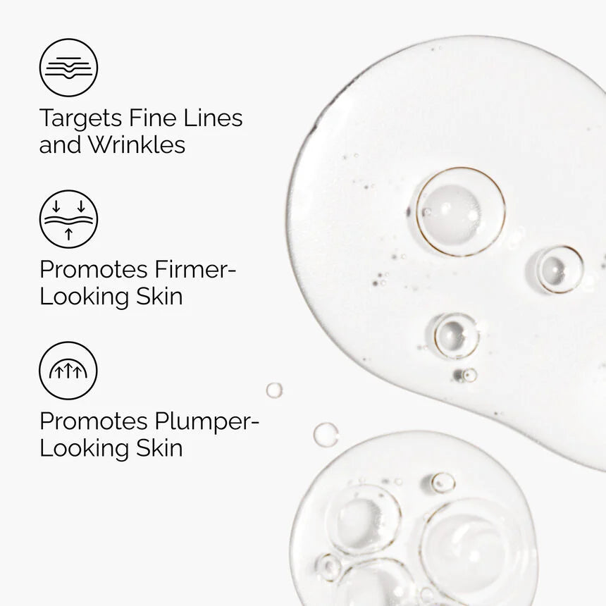 Cosmetic product with droplets on a white background and text highlighting benefits.

