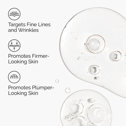 Cosmetic product with droplets on a white background and text highlighting benefits.

