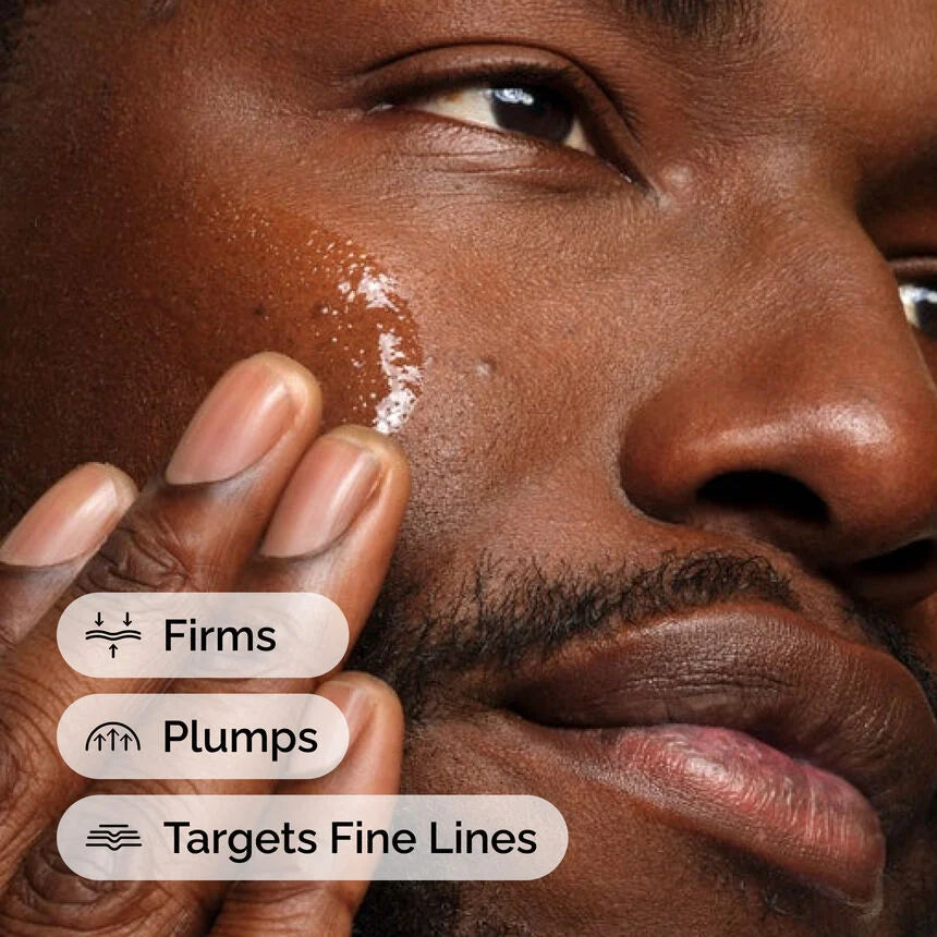 Close-up of a person's face with text indicating skin care benefits

