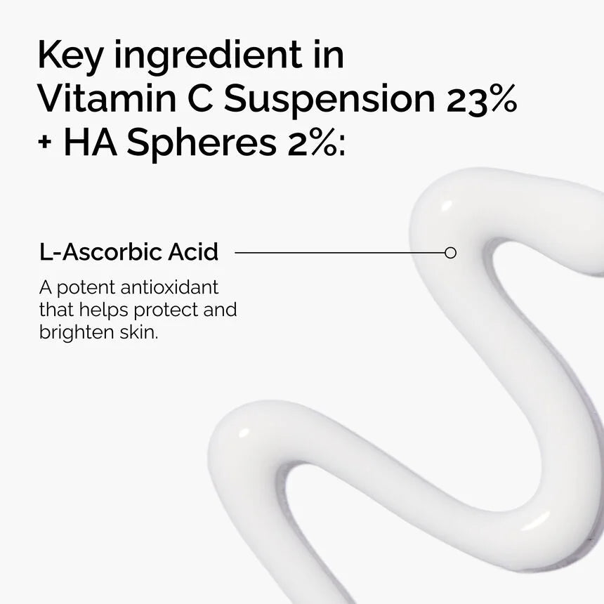 Vitamin C Suspension 23% + HA Spheres 2% with L-Ascorbic Acid labeled on a white background

